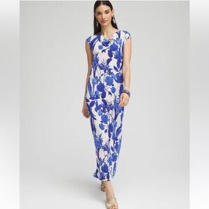 Chico’s Blue & White Floral Traveler Cowl Neck Slinky Maxi Dress Size XL Petite